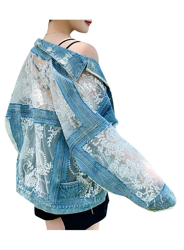 Patchwork Lace Women's Coat Lapel Collar Long Sleeve Denim Jacket Women Fashion Clothes