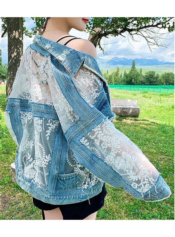 Patchwork Lace Women's Coat Lapel Collar Long Sleeve Denim Jacket Women Fashion Clothes