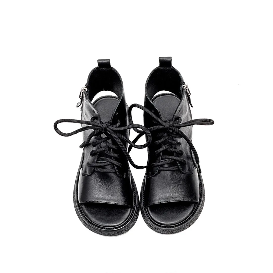 Peep Toe Lace Up Leather Shoes