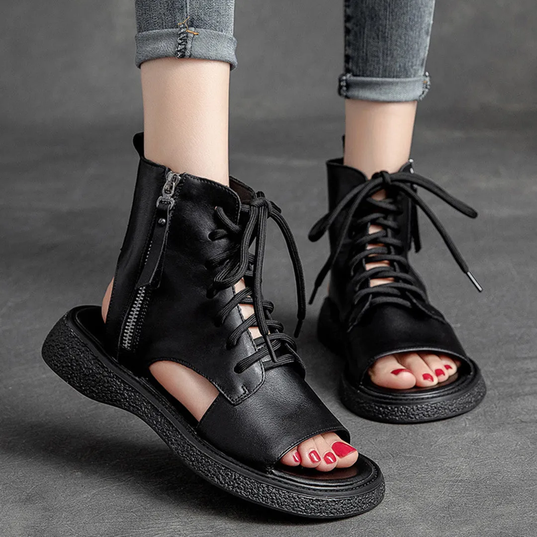 Peep Toe Lace Up Leather Shoes