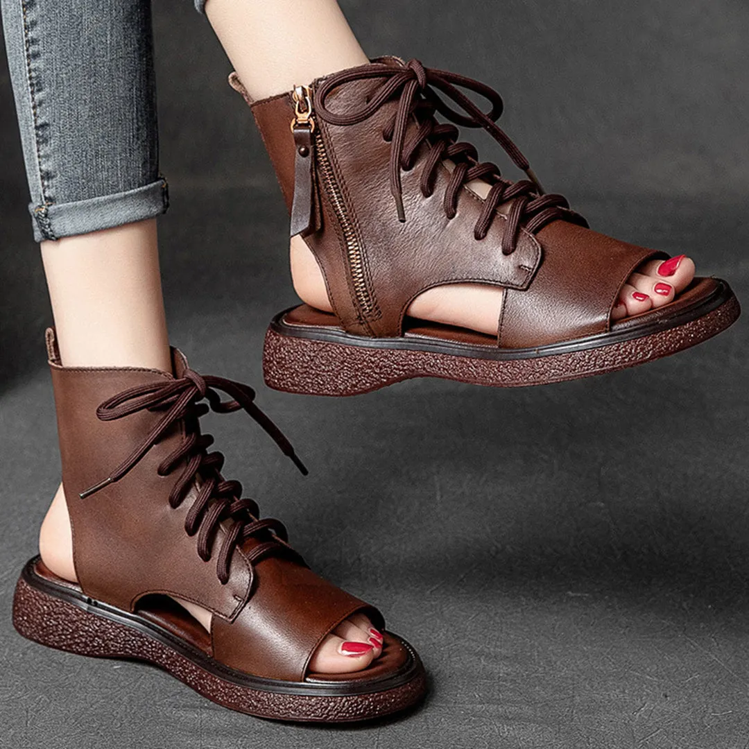 Peep Toe Lace Up Leather Shoes