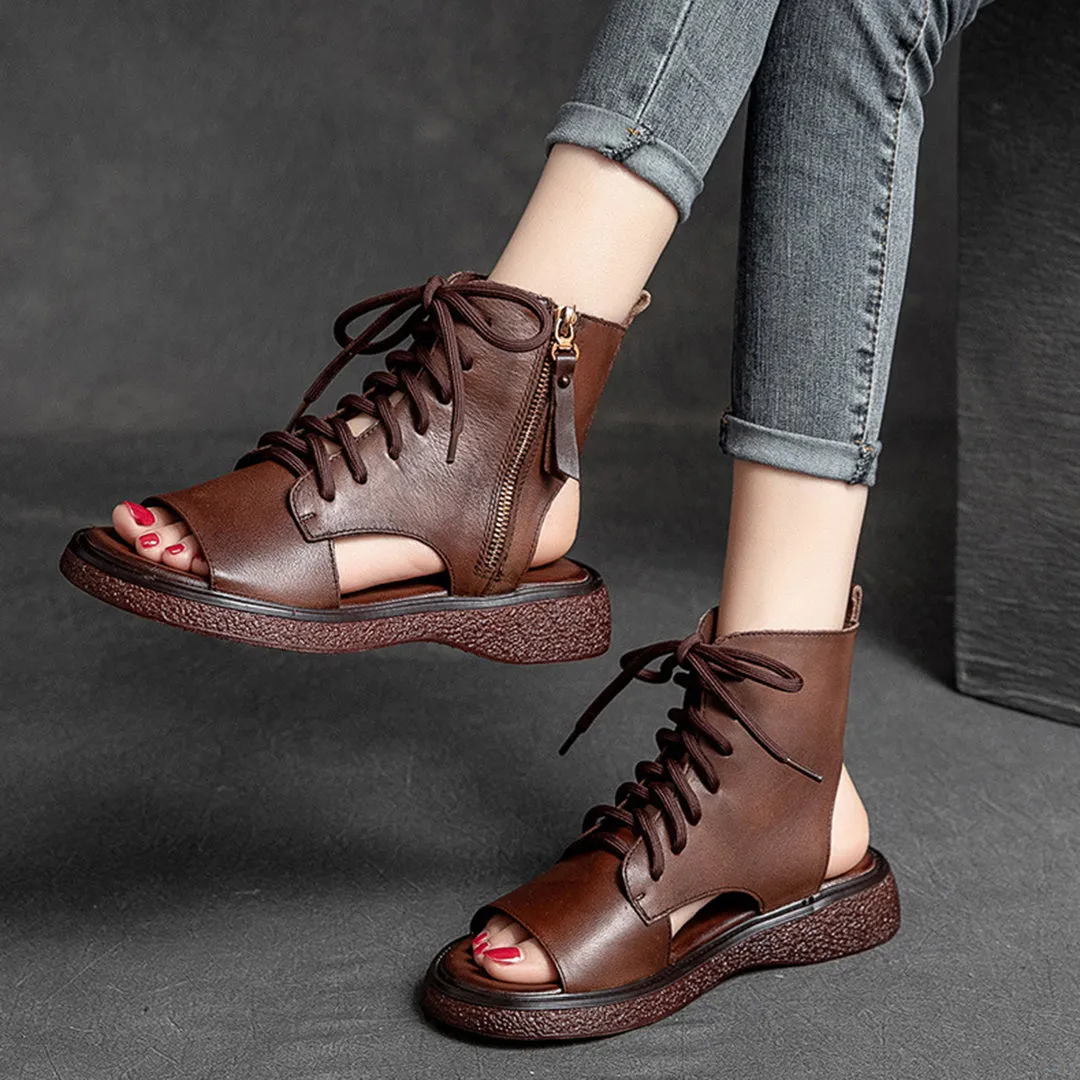 Peep Toe Lace Up Leather Shoes