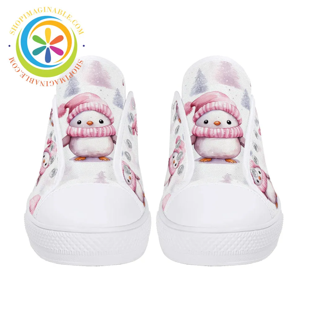 Pink Holiday Penguins Ladies Low Top Canvas Shoes