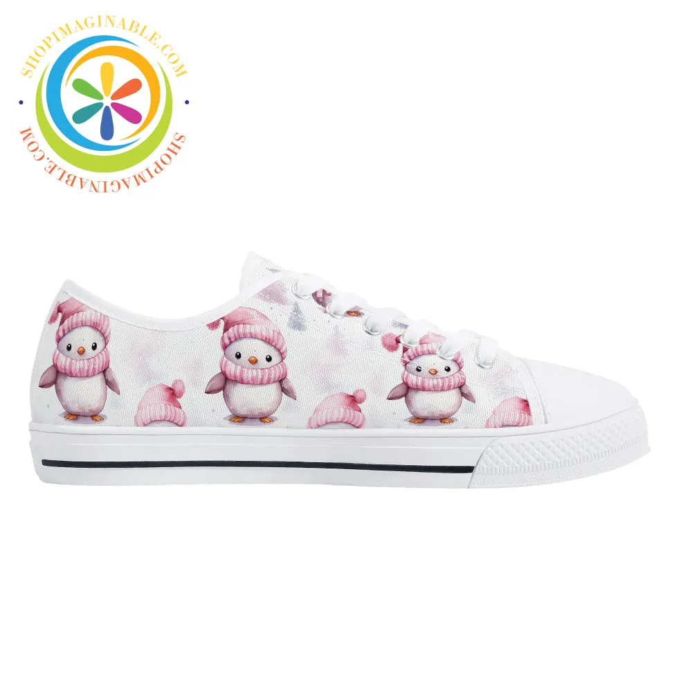 Pink Holiday Penguins Ladies Low Top Canvas Shoes