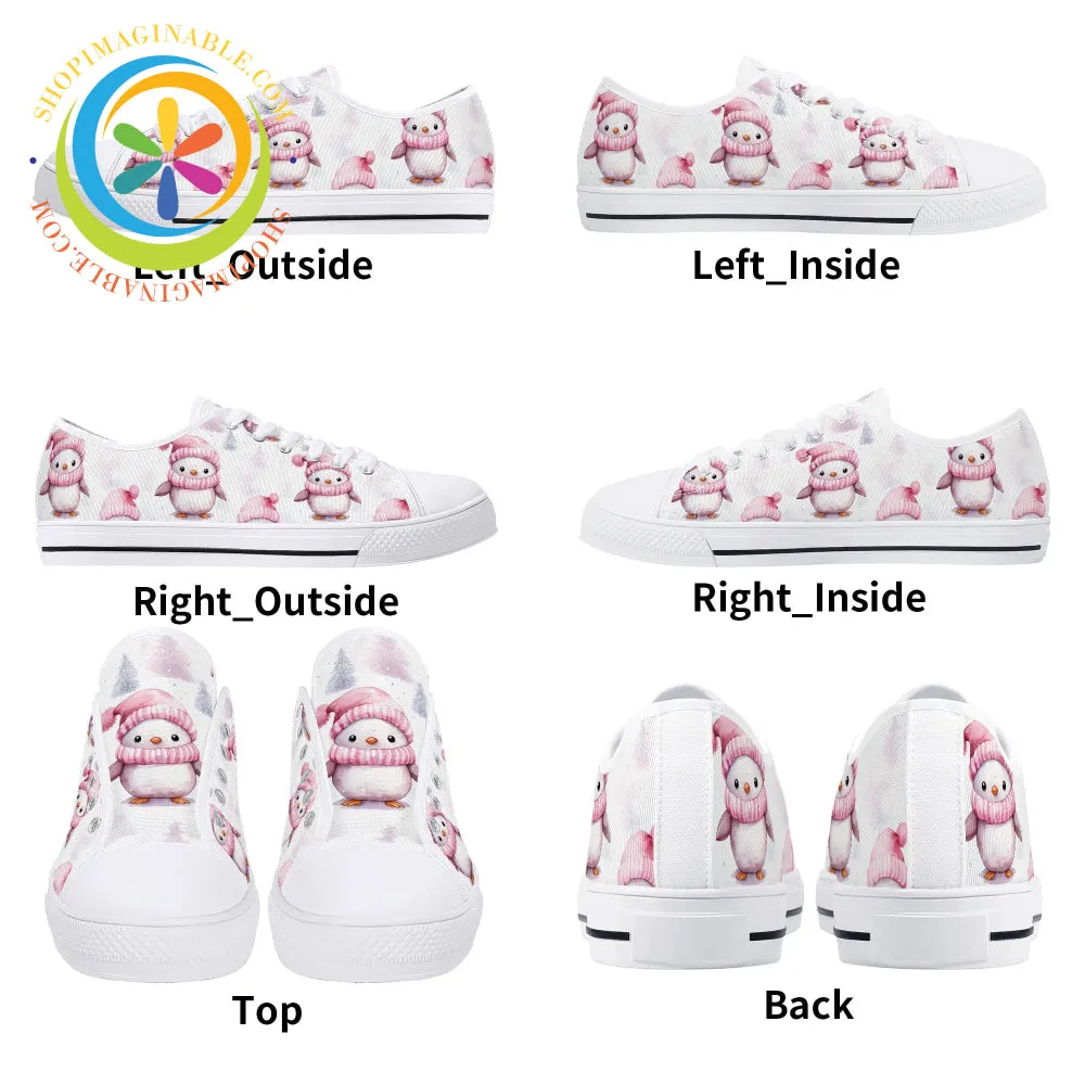 Pink Holiday Penguins Ladies Low Top Canvas Shoes