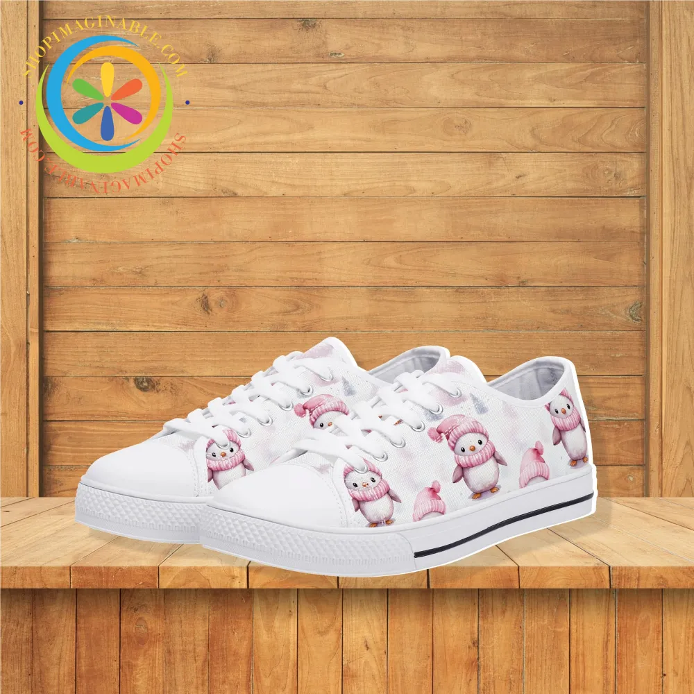 Pink Holiday Penguins Ladies Low Top Canvas Shoes