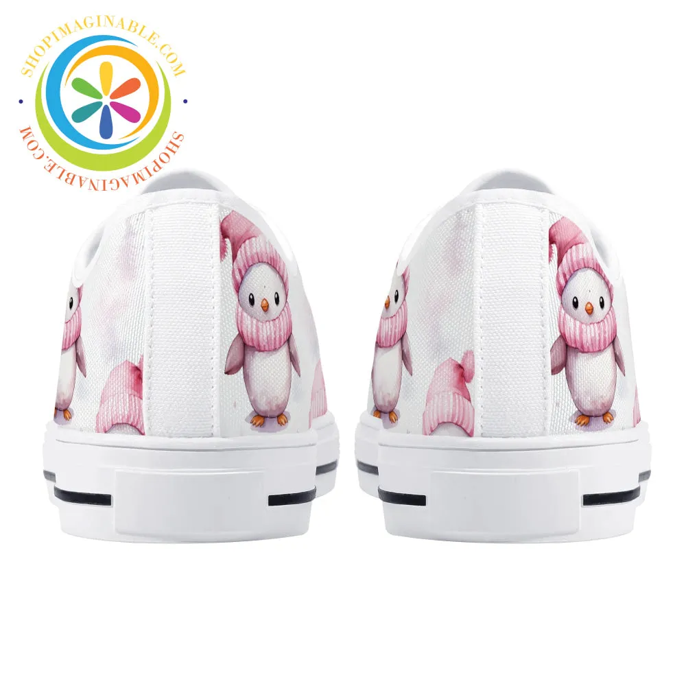 Pink Holiday Penguins Ladies Low Top Canvas Shoes