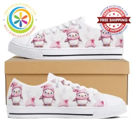 Pink Holiday Penguins Ladies Low Top Canvas Shoes