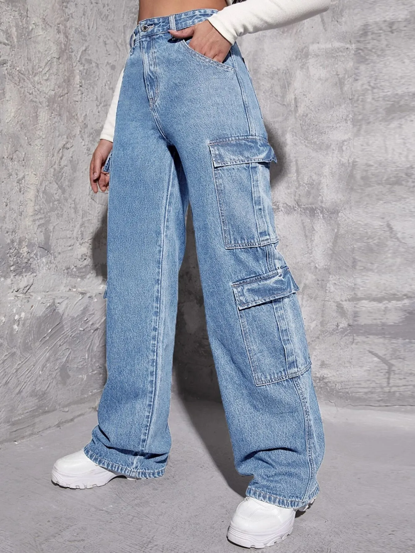 Plain Long Flap Pocket Cargo Jeans