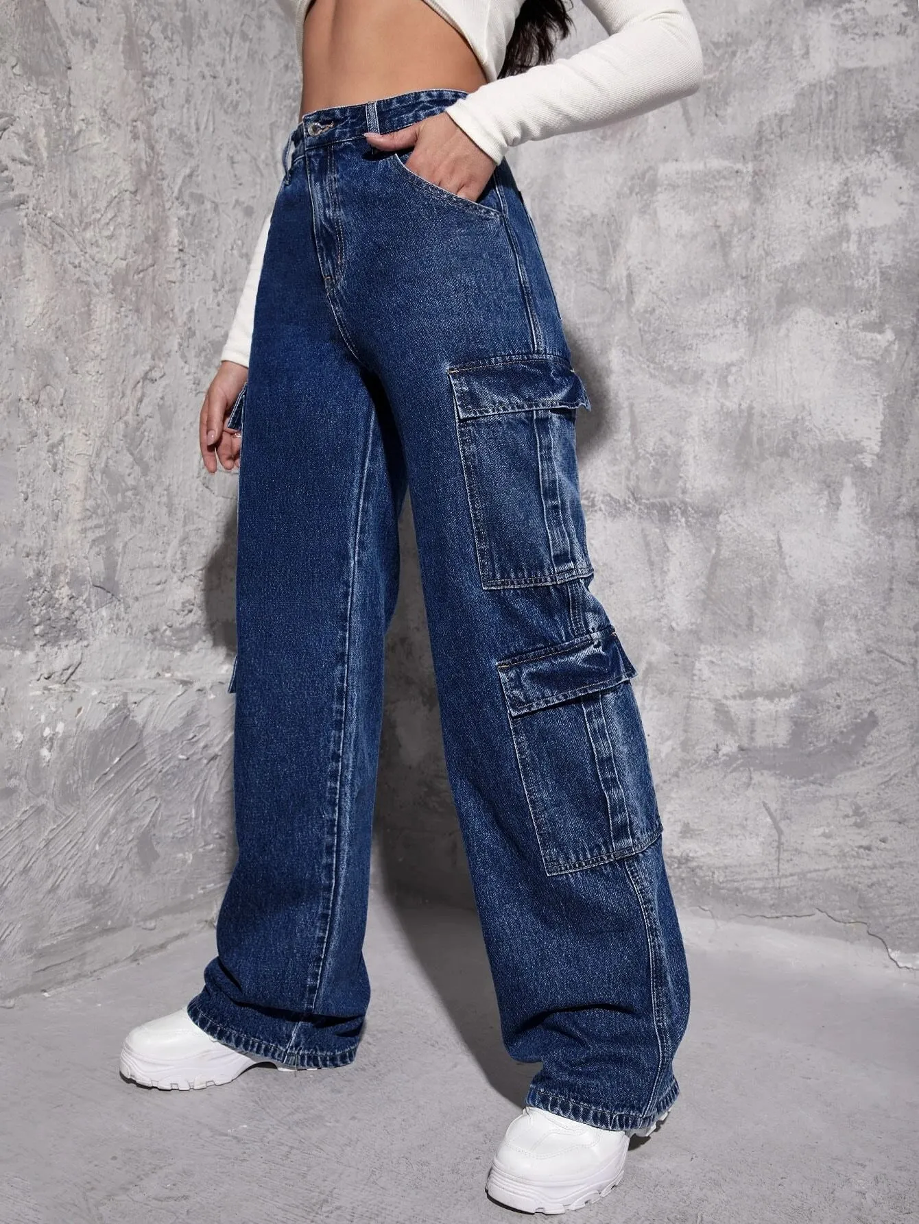 Plain Long Flap Pocket Cargo Jeans