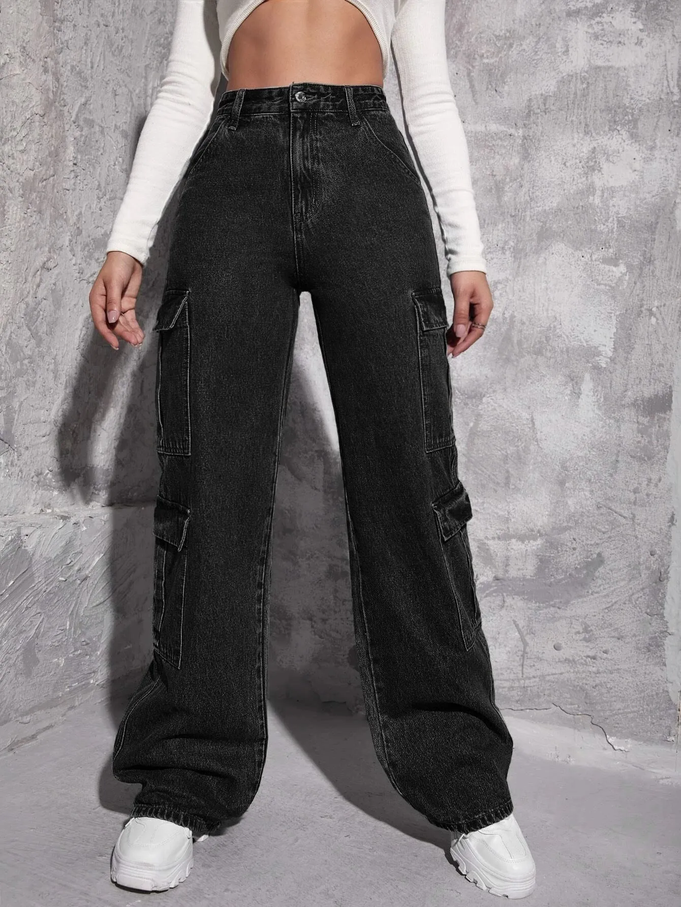 Plain Long Flap Pocket Cargo Jeans