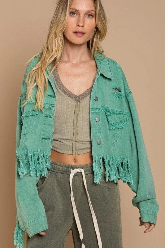 POL Fringe Distressed Crop Denim Jacket, 2 Colors