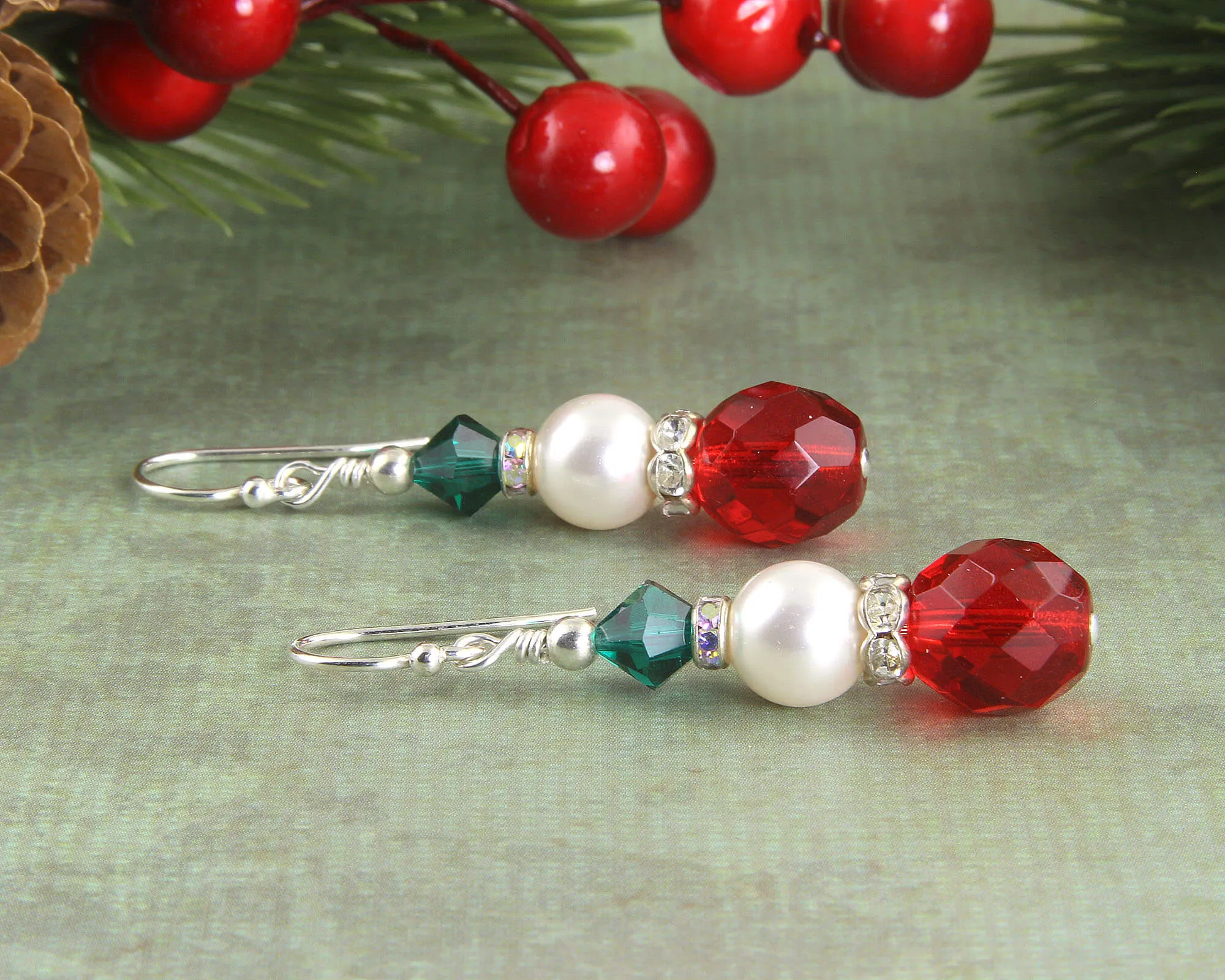 Red & Green Christmas Pearl Earrings