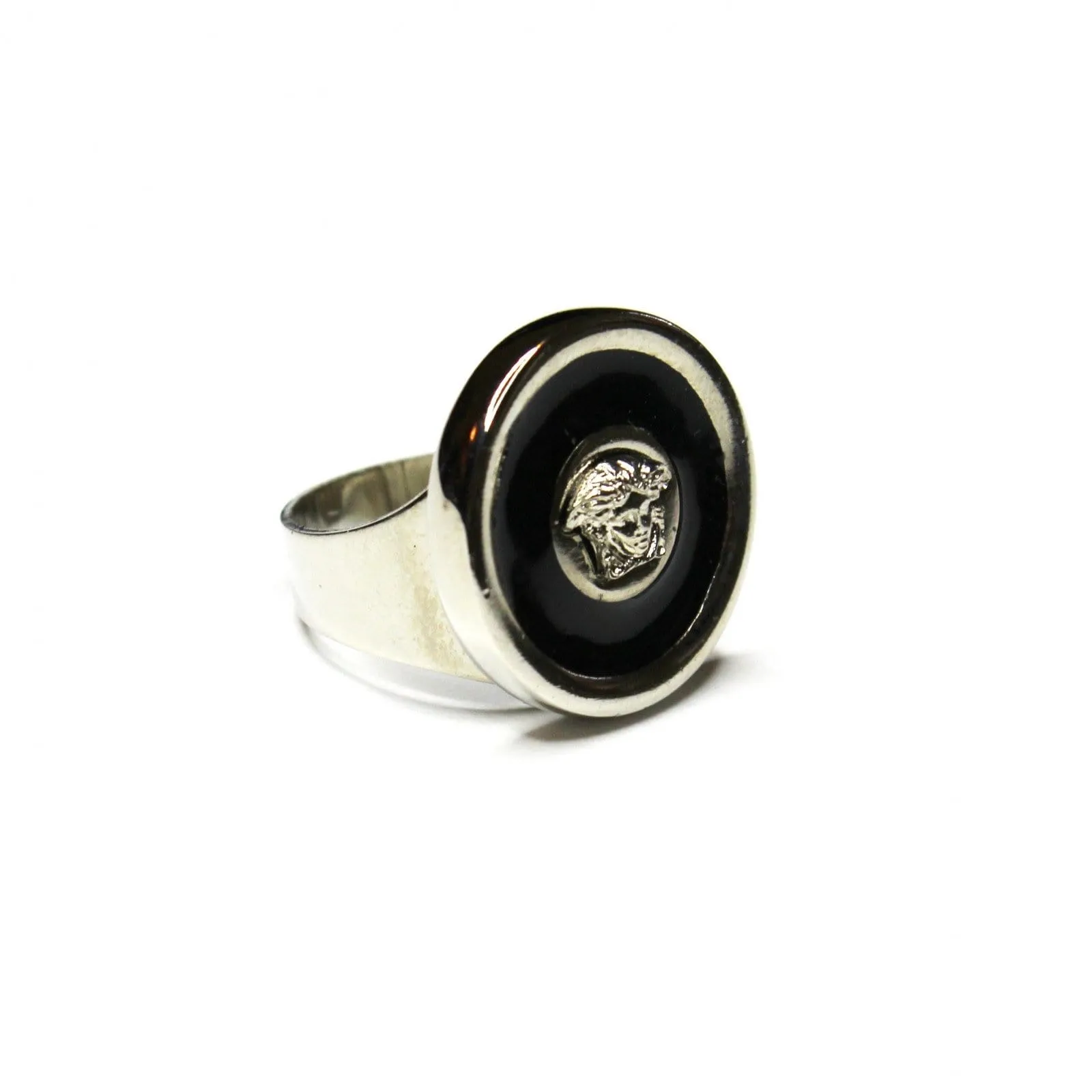 Silver and Black Enamel Gianni Versace Medusa Head Ring