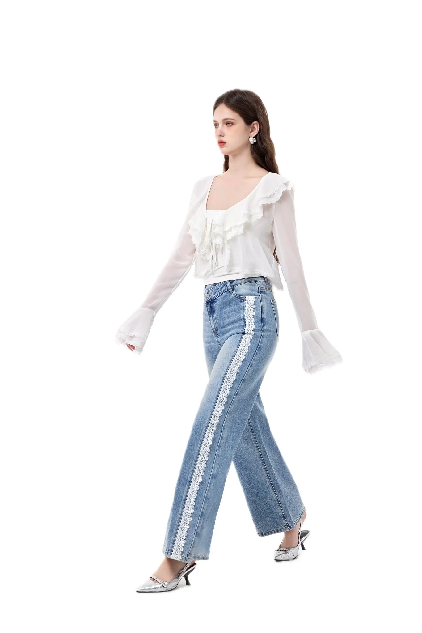 Slant Lapel Patchwork Lace Jeans