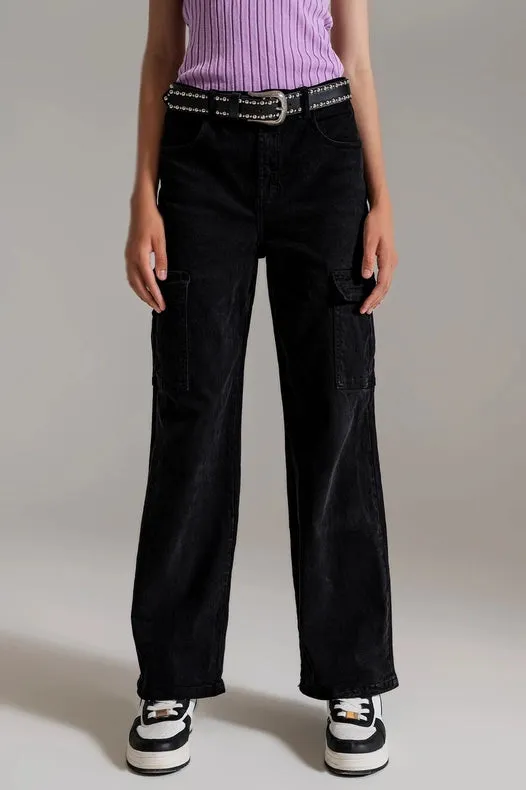 Straight Leg Cargo Jeans In Black