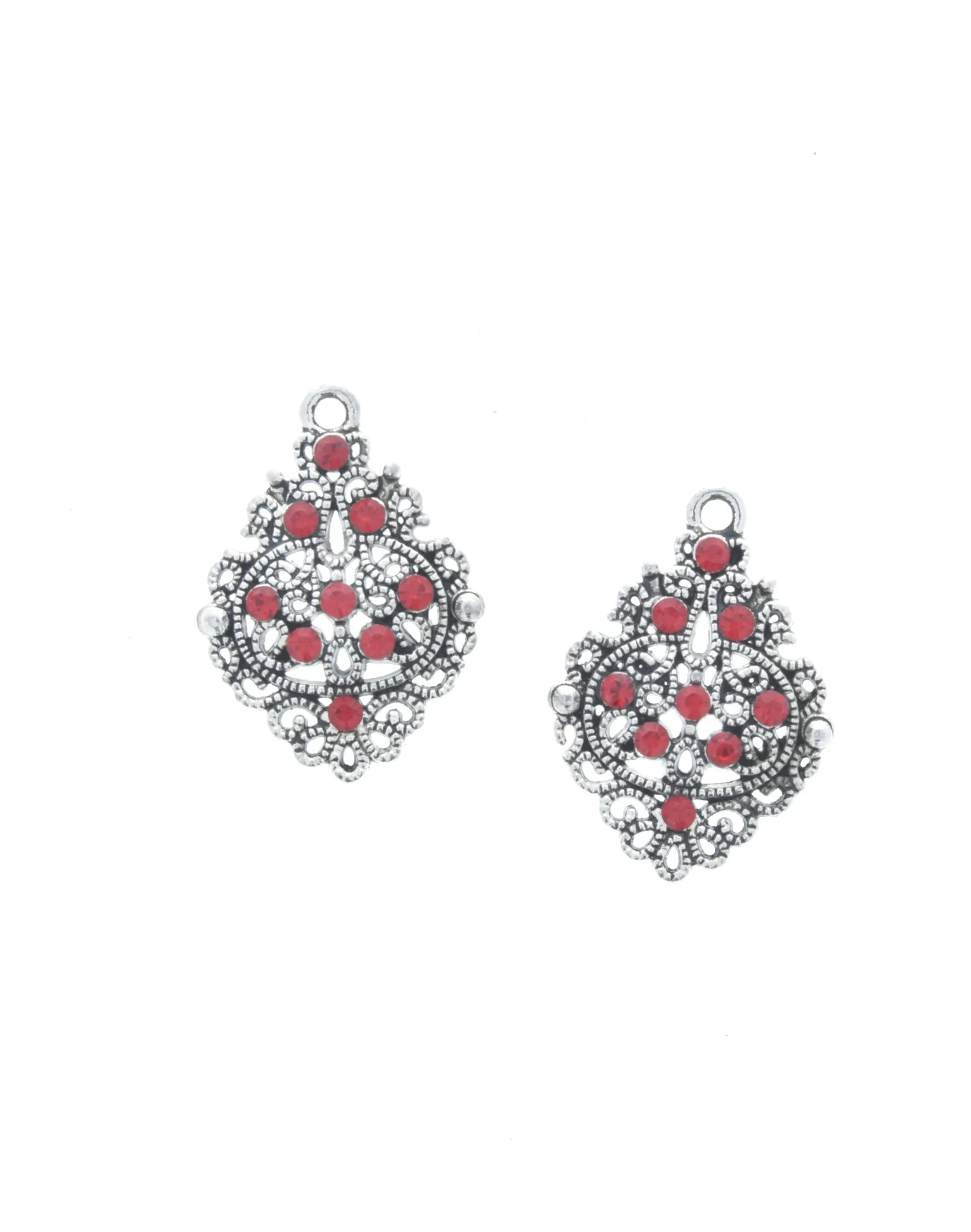 Swarovski crystal 25mm Chandelier Filigree Drop, Red Swarovski Crystal, Antique Silver, set of 2