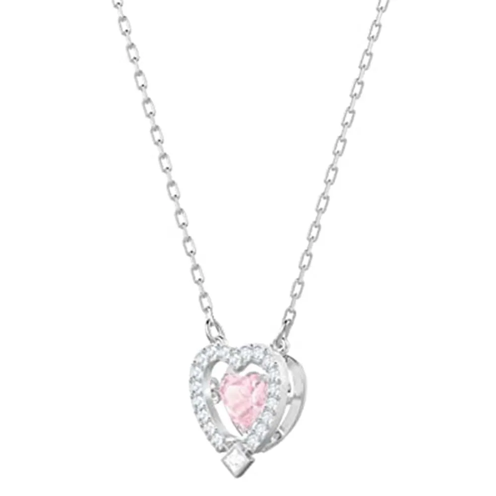 Swarovski Womens Pink White Crystals Rhodium Plated Chain Sparkling Dance Heart Pendant Necklace - SV-5465284