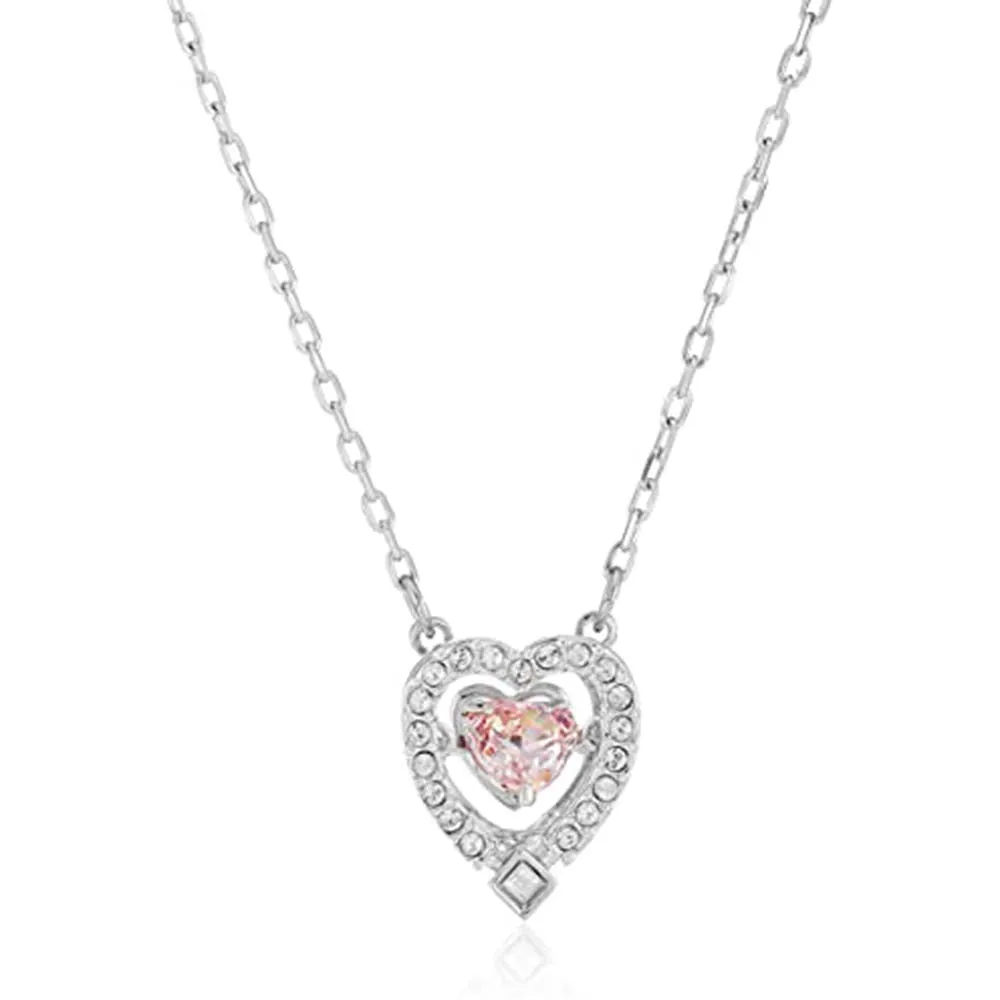 Swarovski Womens Pink White Crystals Rhodium Plated Chain Sparkling Dance Heart Pendant Necklace - SV-5465284