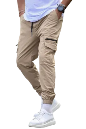 Tan Men's Stretch Cargo Elastic Bottom Joggers 2 Pockets with Zipper Slim Fit