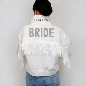 (White Fringe) Bride Rhinestone Patch Jean Jacket