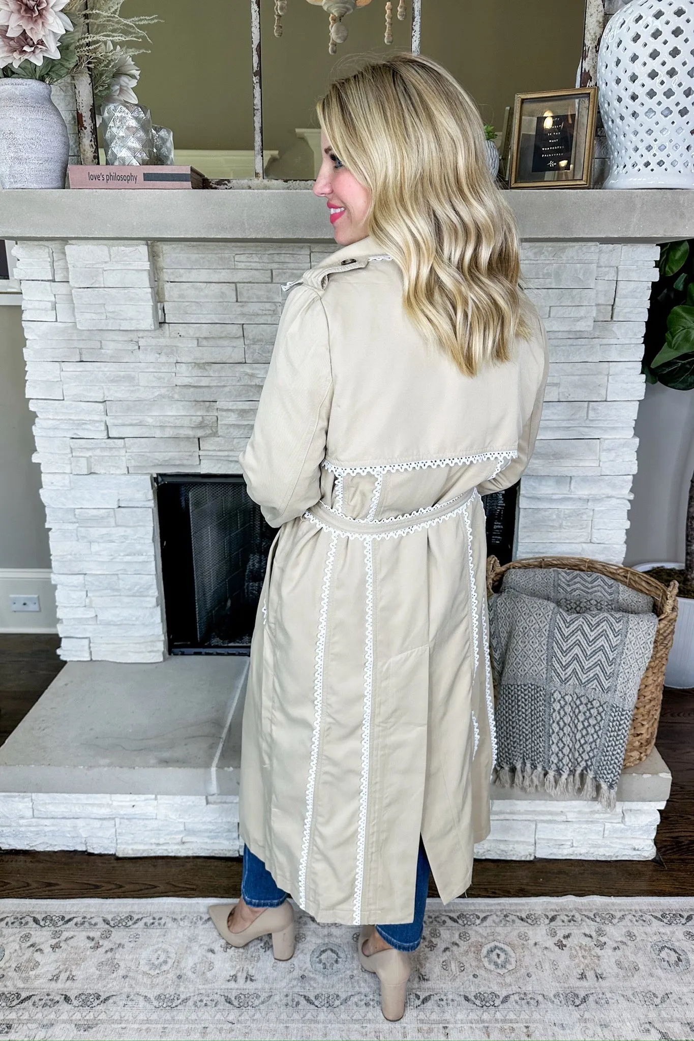 White Lace Trim Four Button Khaki Trench Coat