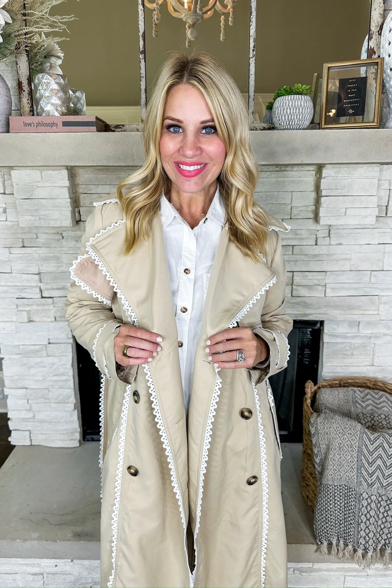 White Lace Trim Four Button Khaki Trench Coat