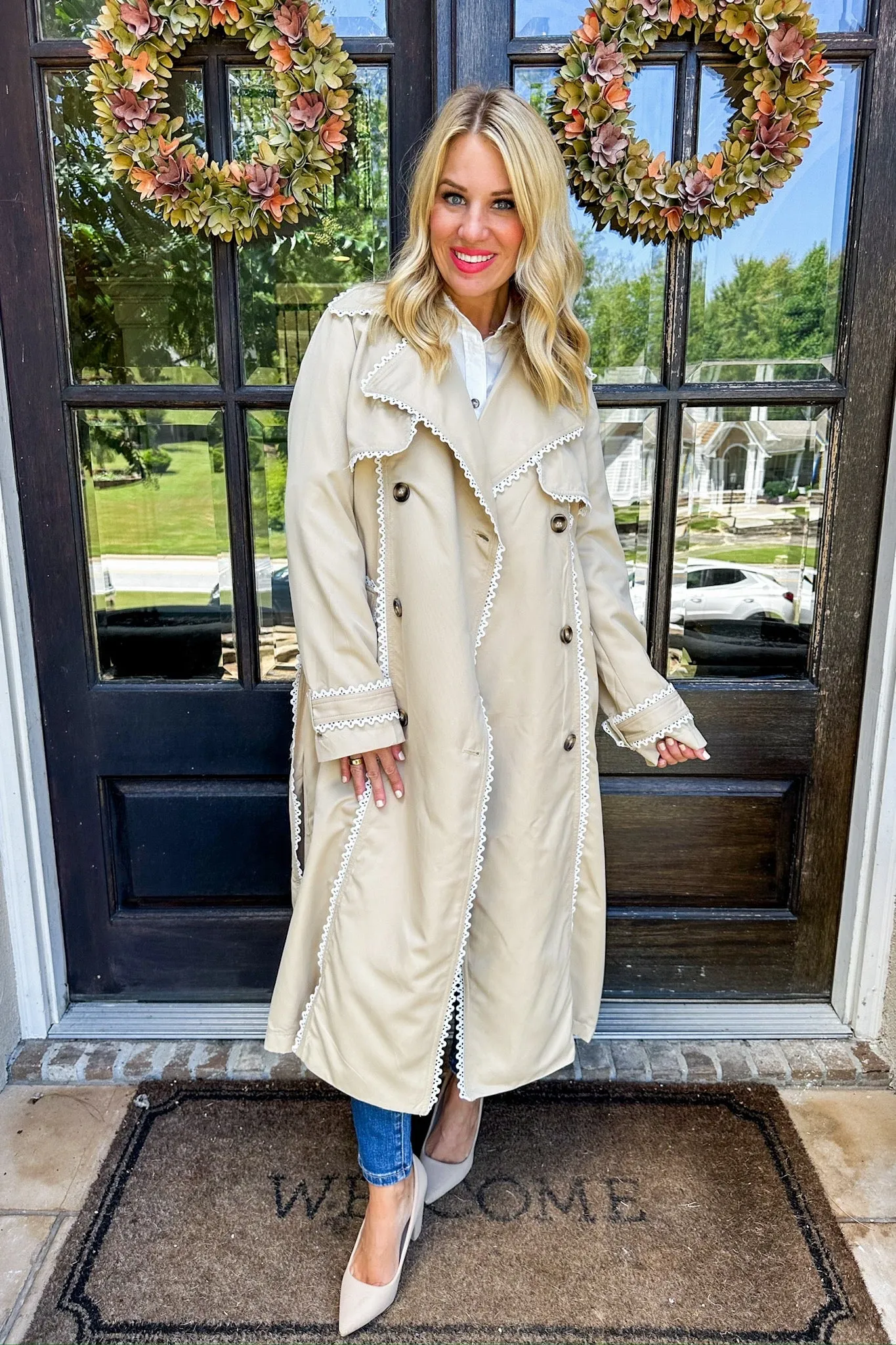 White Lace Trim Four Button Khaki Trench Coat