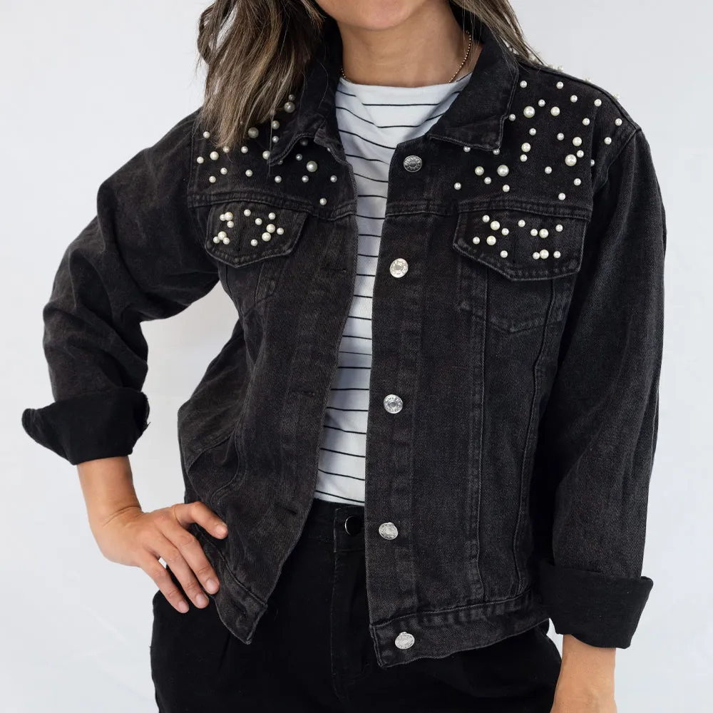 (White Pearl) Cursive Style Bridal  Pearl Denim Jacket