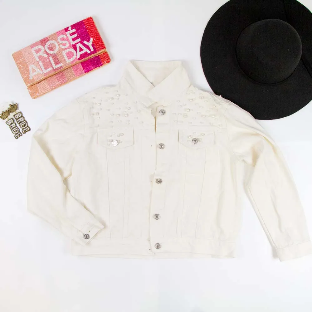 (White Pearl) Cursive Style Bridal  Pearl Denim Jacket