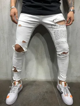 White Ripped Jeans - Black Type Print