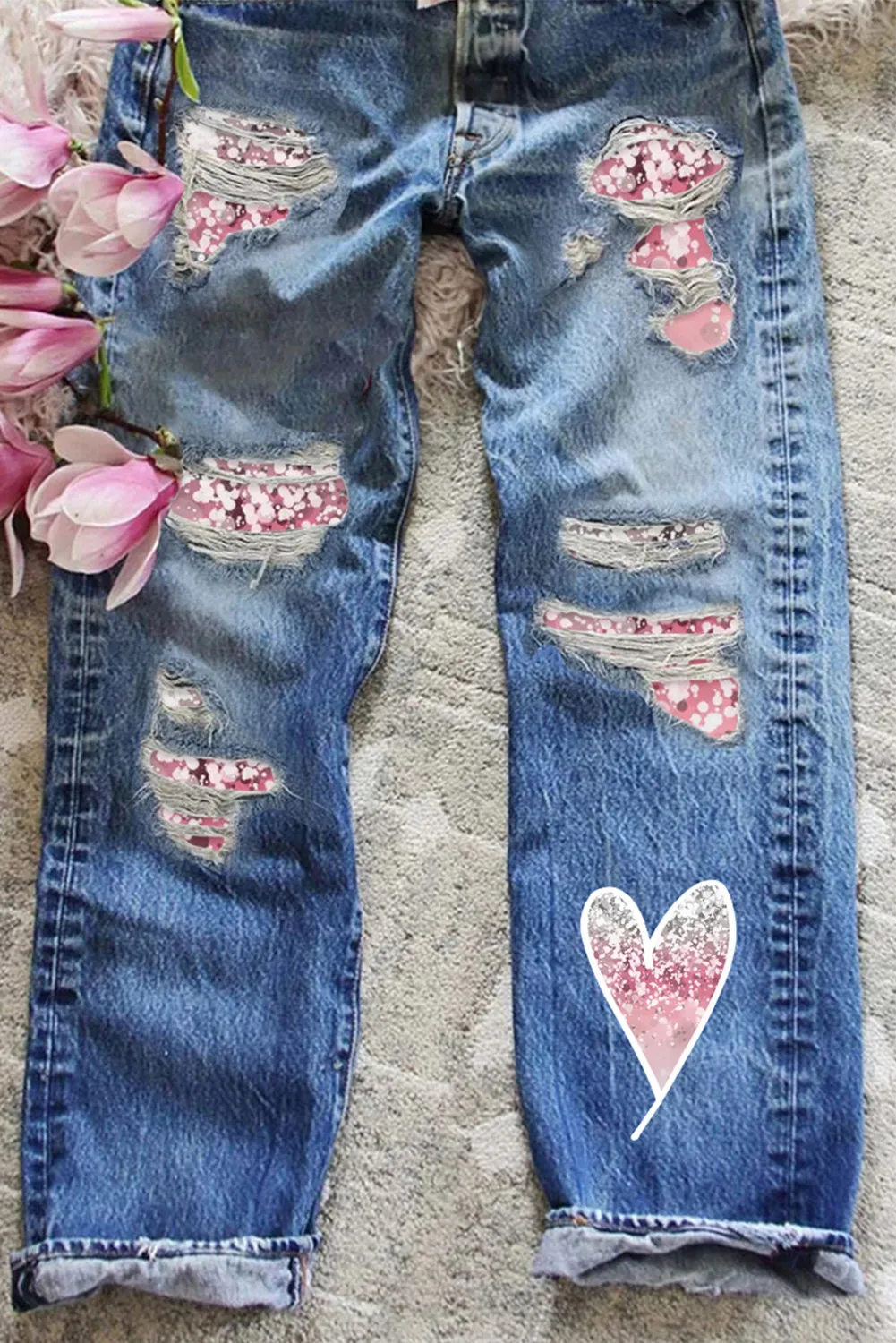 Womens Ombre Floral Print Patch Denim Pants Boyfriend Ripped Jeans