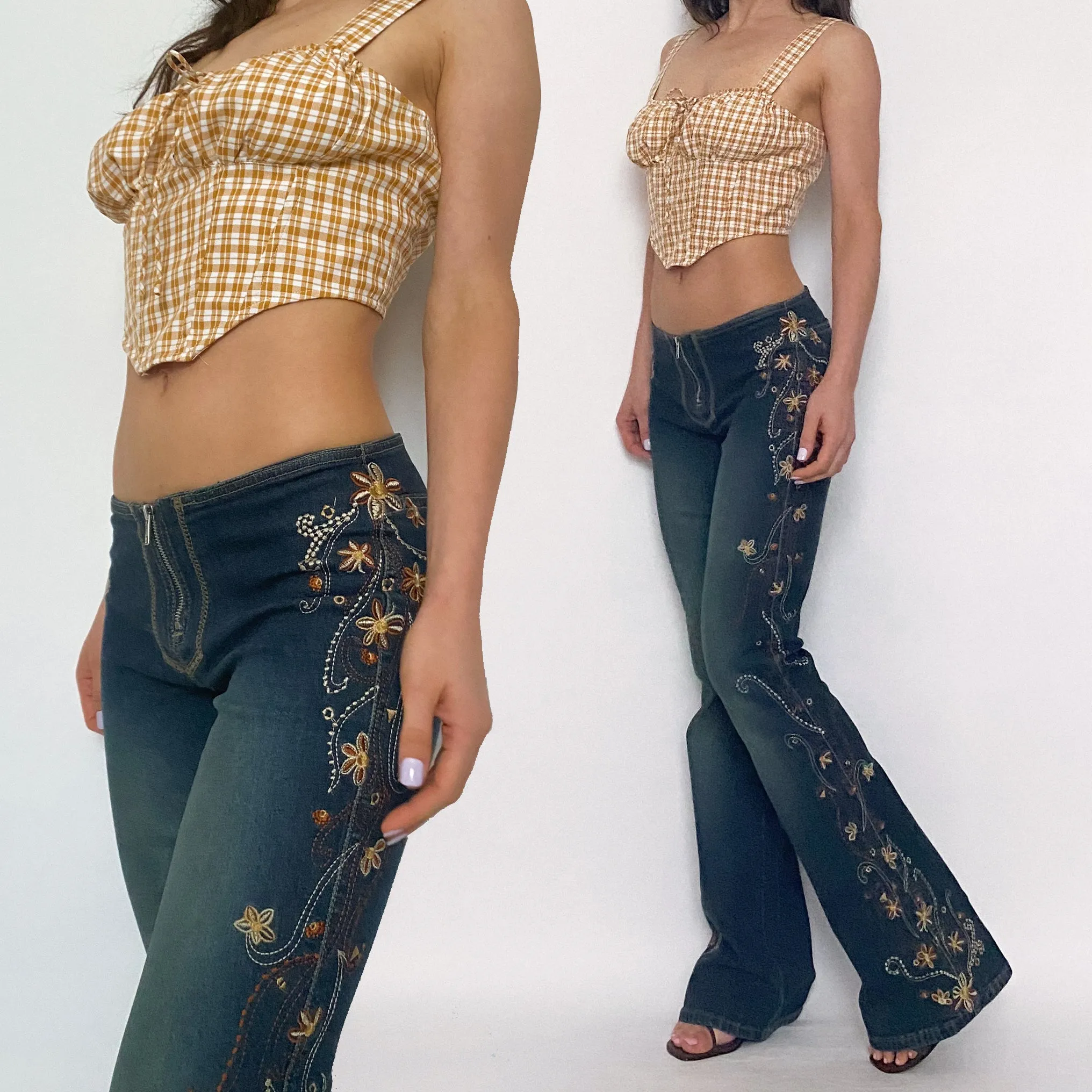 y2k floral embroidered jeans - small